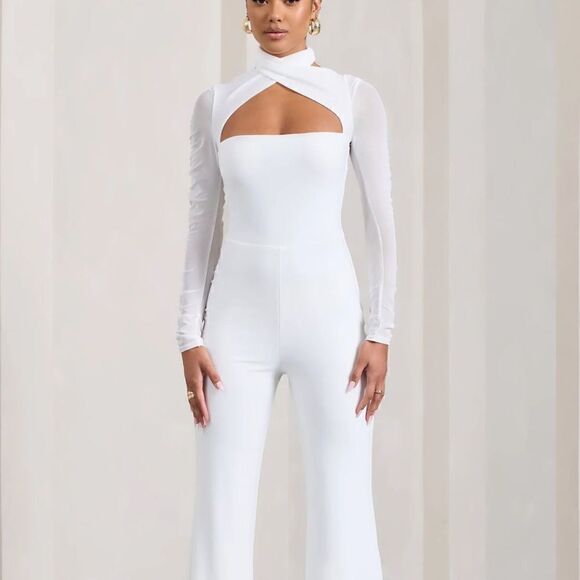 Club L London Fallon  flared leg jumpsuit with long mesh sleeves neck wrap - Picture 2 of 16